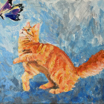 Schilderij getiteld "Red cat" door Olga Mart, Origineel Kunstwerk, Acryl Gemonteerd op Karton
