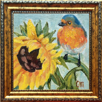 Painting titled "Bird on Sunflower" by Olga Mart, Original Artwork, Oil Mounted on Cardboard