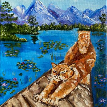 Painting titled "Red cat landscape" by Olga Mart, Original Artwork, Oil Mounted on Wood Stretcher frame