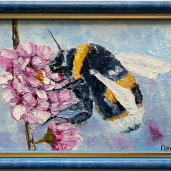 Painting titled "Bumblebee" by Olga Mart, Original Artwork, Oil Mounted on Wood Panel