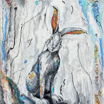 Schilderij getiteld "Rabbit Painting Ori…" door Olga Mart, Origineel Kunstwerk, Acryl Gemonteerd op Frame voor houten branca…