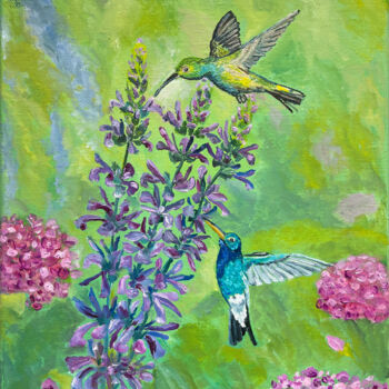 Painting titled "Hummingbirds" by Olga Mart, Original Artwork, Oil Mounted on Wood Stretcher frame