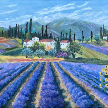 Painting titled "Provence landscape" by Olga Mart, Original Artwork, Oil Mounted on Wood Stretcher frame