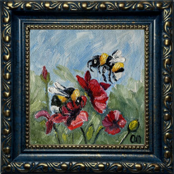 Schilderij getiteld "Bee painting" door Olga Mart, Origineel Kunstwerk, Olie Gemonteerd op Houten paneel