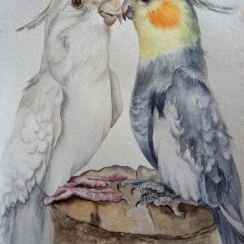 Peinture intitulée "Love parrots" par Olga Matyunina, Œuvre d'art originale, Aquarelle
