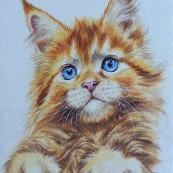Pintura intitulada "red kitten" por Olga Matyunina, Obras de arte originais, Aquarela