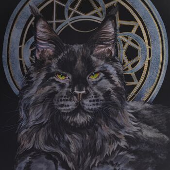 Pintura intitulada "Black Maine Coon" por Olga Matyunina, Obras de arte originais, Aquarela