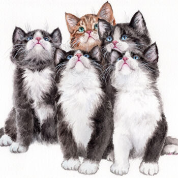 Картина под названием "Lots of cute kittens" - Olga Matyunina, Подлинное произведение искусства, Акварель