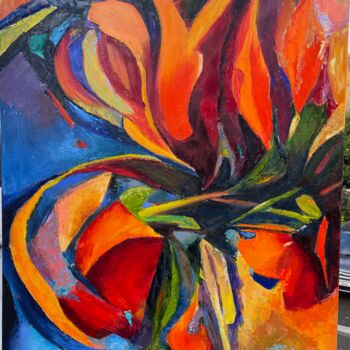 Painting titled "Floral Rhythm" by Olga Mcnamara, Original Artwork, Oil Mounted on Wood Stretcher frame