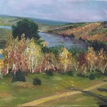Painting titled "Autumnal Riverscape" by Olga Minasyan, Original Artwork, Oil
