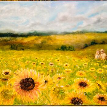 Malerei mit dem Titel "Sunflower field" von Olga Minasyan, Original-Kunstwerk, Öl