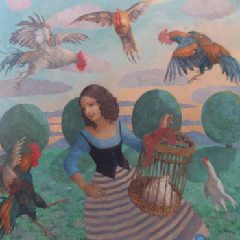 Painting titled "Rooster Dance" by Olga Oreshnikov, Original Artwork, Oil