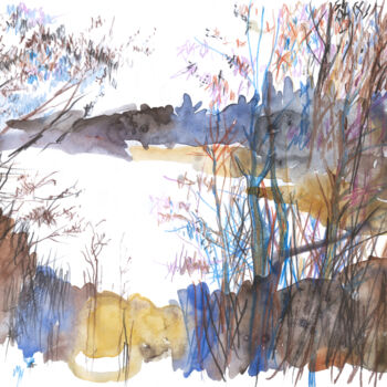 Schilderij getiteld "Landscape with a sp…" door Olga Osipenko (Mariaiva), Origineel Kunstwerk, Aquarel