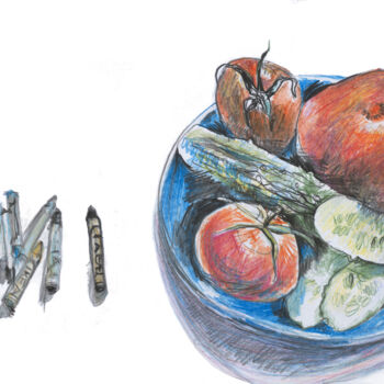 Drawing titled "Still life with tom…" by Olga Osipenko (Mariaiva), Original Artwork, Conté