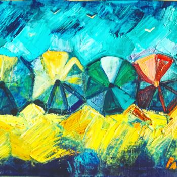 Painting titled "Beach umbrellas" by Olga Pascari, Original Artwork, Oil