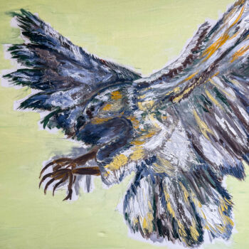 Malerei mit dem Titel "Bird on a yellow ba…" von Olga Plokhinova, Original-Kunstwerk, Öl