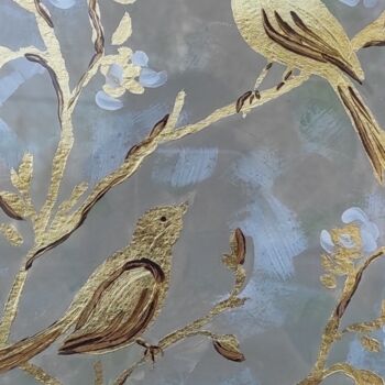Malerei mit dem Titel ""Golden birds on a…" von Olga Ponomarenko, Original-Kunstwerk, Acryl Auf Karton montiert