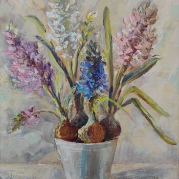 Painting titled ""Hyacinths" origina…" by Olga Ponomarenko, Original Artwork, Oil Mounted on Wood Stretcher frame