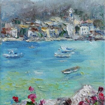 Painting titled "Greek sea landscape…" by Olga Ponomarenko, Original Artwork, Oil Mounted on Wood Stretcher frame