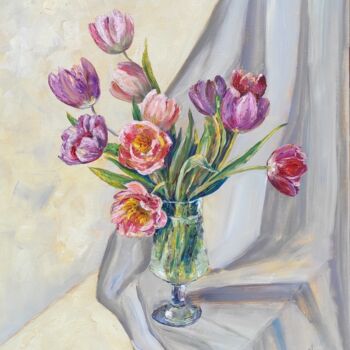Painting titled "Tulips. Original oi…" by Olga Ponomarenko, Original Artwork, Oil Mounted on Wood Stretcher frame