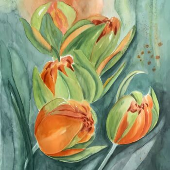 Schilderij getiteld "Orange flowers" door Olga Poruchikova, Origineel Kunstwerk, Aquarel