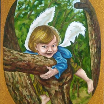 Ζωγραφική με τίτλο "Naughty angel-1" από Olga Sarukhanova, Αυθεντικά έργα τέχνης, Λάδι Τοποθετήθηκε στο Ξύλινο φορείο σκελετό