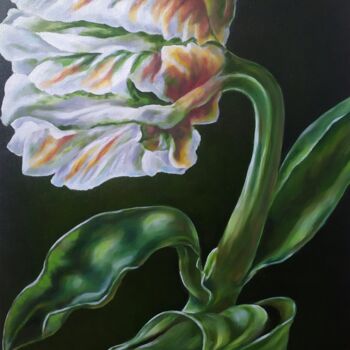 Painting titled "The tulip in the wi…" by Olga Sarukhanova, Original Artwork, Oil Mounted on Wood Stretcher frame