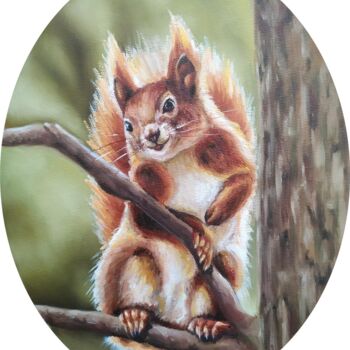 Painting titled "Little squirrel 1" by Olga Sarukhanova, Original Artwork, Oil Mounted on Wood Stretcher frame