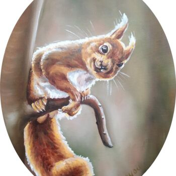 Painting titled "Little squirrel 2" by Olga Sarukhanova, Original Artwork, Oil Mounted on Wood Stretcher frame