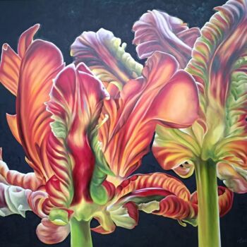 Schilderij getiteld "Tulips-1" door Olga Sarukhanova, Origineel Kunstwerk, Olie Gemonteerd op Frame voor houten brancard