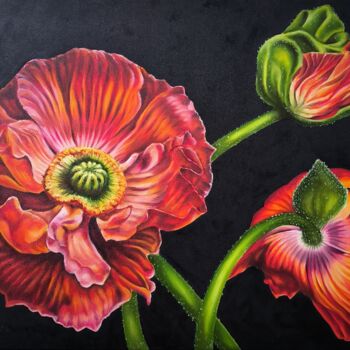 Painting titled "Poppies flowers" by Olga Sarukhanova, Original Artwork, Oil Mounted on Wood Stretcher frame