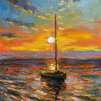 Картина под названием "Закат на море" - Olga Selezneva, Подлинное произведение искусства, Масло Установлен на Деревянная рам…
