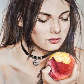 绘画 标题为“Girl with peach” 由Olga Shevcova, 原创艺术品, 水彩
