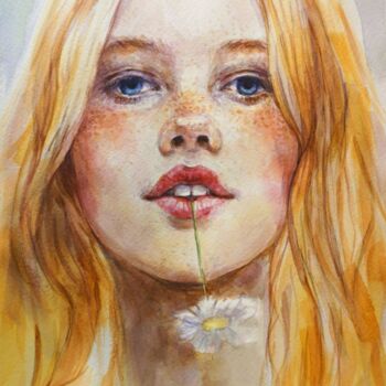 Painting titled "Chamomile" by Olga Shevcova, Original Artwork, Watercolor