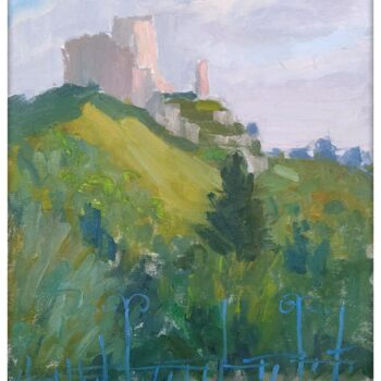 Painting titled "castle in les andel…" by Olga Silivanchyk, Original Artwork, Oil Mounted on Wood Stretcher frame