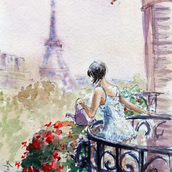 Peinture intitulée "Morning in Paris" par Olga Skhirtladze, Œuvre d'art originale, Aquarelle