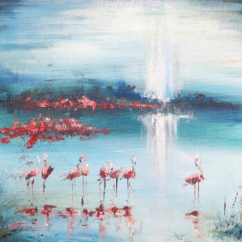 Картина под названием "Pink flamingos" - Olga Soldatova, Подлинное произведение искусства, Масло Установлен на картон