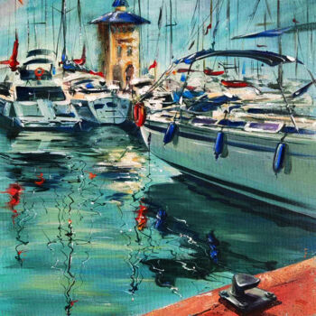 Pittura intitolato "Yachts in Spain" da Olga Soldatova, Opera d'arte originale, Acrilico Montato su Cartone