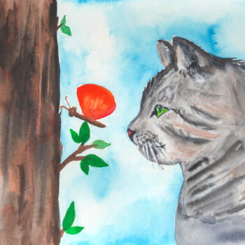 Painting titled "Cat and butterfly" by Olga Strogonova, Original Artwork, Watercolor