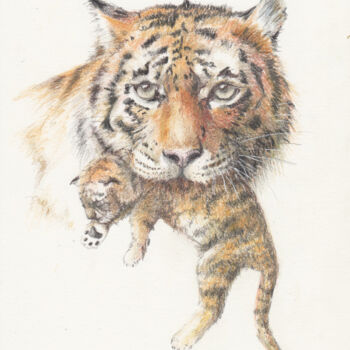 Drawing titled "057 Tiger mother an…" by Olga Trifonova, Original Artwork, Pencil