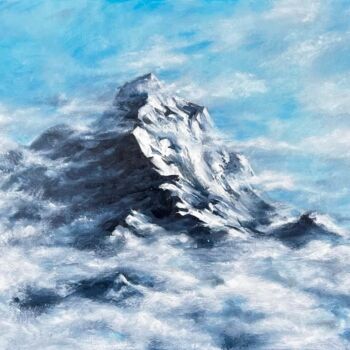Painting titled "Mountain in clouds" by Olga Ukraintseva, Original Artwork, Oil Mounted on Wood Stretcher frame