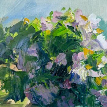 Painting titled "Lilac Bush" by Olga Ukraintseva, Original Artwork, Oil Mounted on Cardboard