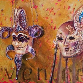 Malarstwo zatytułowany „Venetian Masks on a…” autorstwa Olga Vedyagina, Oryginalna praca, Olej