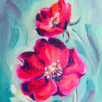 Painting titled "Bright Pink Poppies" by Olga Volna, Original Artwork, Oil