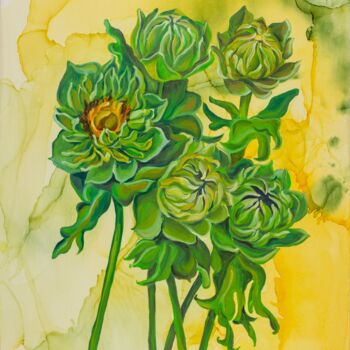 Peinture intitulée "Green Sunflowers" par Olga Volna, Œuvre d'art originale, Huile