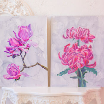 Картина под названием "Diptych magnolias a…" - Olga Volna, Подлинное произведение искусства, Масло