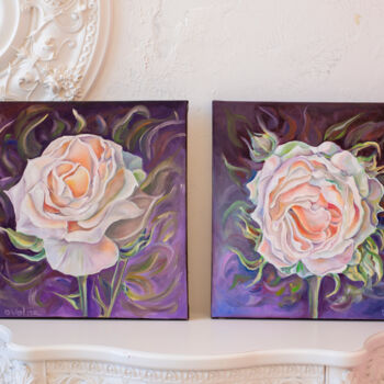 Schilderij getiteld "Diptych Roses on Bl…" door Olga Volna, Origineel Kunstwerk, Olie