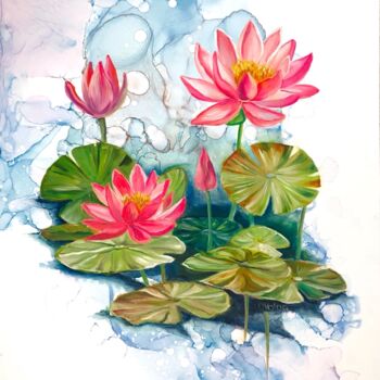 Malerei mit dem Titel "Lotus Bloom in Drea…" von Olga Volna, Original-Kunstwerk, Öl