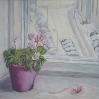 Painting titled "Flower on the windo…" by Olga Yashchenko, Original Artwork, Oil Mounted on Cardboard
