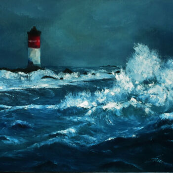 Painting titled "Old lighthouse." by Olga Yashchenko, Original Artwork, Oil Mounted on Wood Stretcher frame